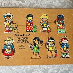 Vintage Fisher--Price Kids Arounf the World wood peek and reveal puzzle